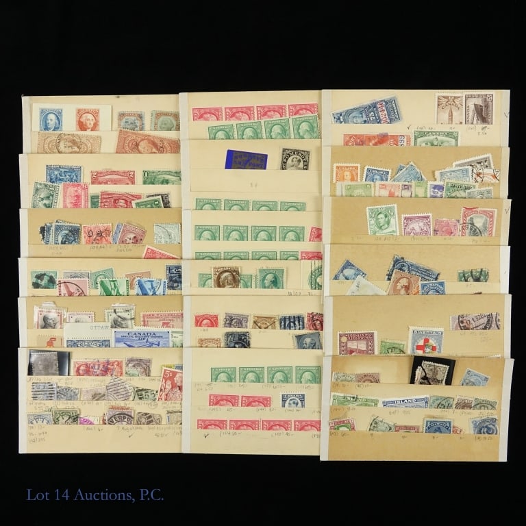 U.S. & World Stamps - Mint & Cancelled (200+): Over two hundred (200+) assorted United States and world single and block postage stamps. Per consigner, many early date in mint and used condition. stored in 3 x 6 stamp holders and labeled with Scot