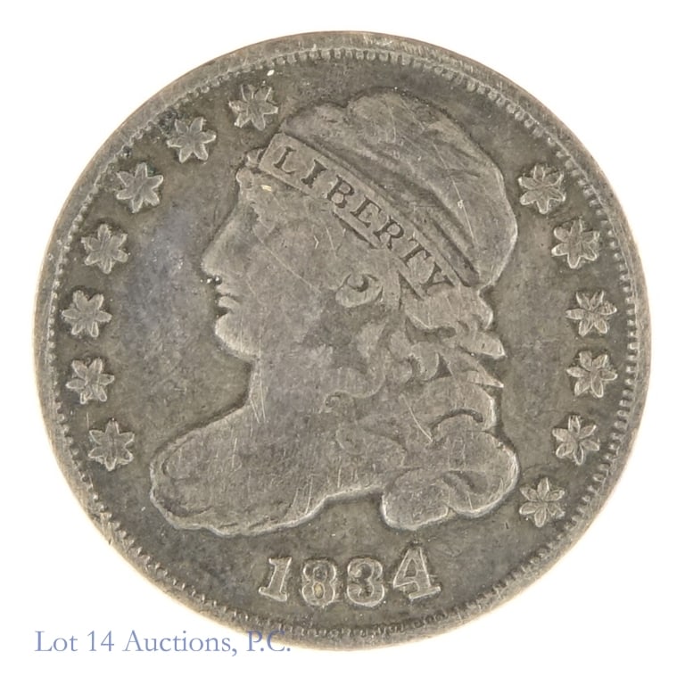 1834 USA Silver Capped Bust Dime (F+): 1834 United States silver capped bust dime (Philadelphia Mint) large 4 variety. Designer is john Reich. Per consigner, grades F+ with full "liberty" on the headband a great type coin vastly underrated