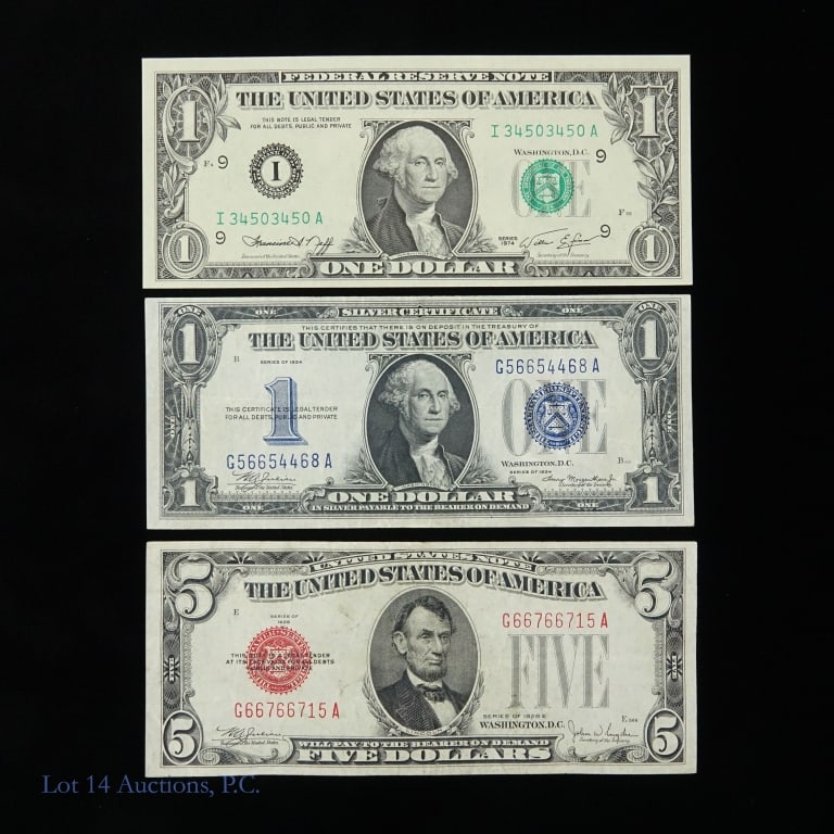 USA Currencies With Rarer S/Ns (3): Three (3) United States currencies that, per consigner, are in excellent condition and have rarer serial number combinations as follows: ---(F-1530) 1928-E $5 legal tender note - red seal (Julian / Sn