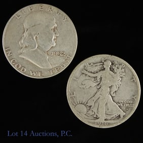1916-D & 1952-S USA 90%-Silver Half Dollars (2)