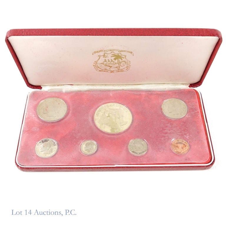 1974 Liberia 90%-Silver 7-Coin Proof Set: 1974 Republic of Liberia silver seven coin proof set (San Francisco Mint) housed in its original presentation case. Set includes 90% silver gem proof $5 elephant coin. Metal is 90%-silver and has an A