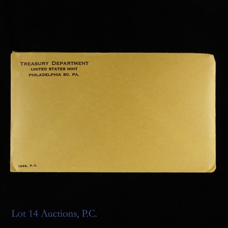 1963 USA Silver 5-Coin Proof Set in SEALED OGP: 1963 United States silver 5-coin proof set (Philadelphia Mint) in originally sealed OGP, unopened after 62 years. Half dollar, quarter and dime metal is 90% silver. Mintage is 3,075,645. *** Lot 14 Au