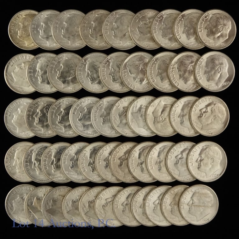 1954-S USA Silver Roosevelt Dimes Roll (CH BU): Fifty (50) 1954-S United States silver Roosevelt dimes (San Francisco Mint) in plastic coin roll holder. Designer is John R. Sinnock. Per consigner, grades CH BU. Mintage is 22,860,000. Metal is 90% s