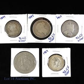 1887 - 1977 UK & Canada 92.5% Silver Coins (5)