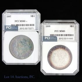 1887 & 1889 USA Silver Morgan $1 (PCI MS65) (2)