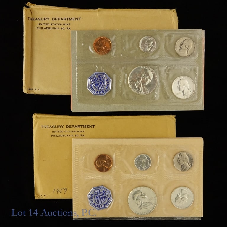 1957 USA Silver Proof 5-Coin Sets (OGP) -2: Two (2) 1957 United States silver proof 5-coin sets (Philadelphia Mint) in original blister pack with COA and in OGP. The dime, quarter and half dollar coin's metal is 90% silver. Mintage is 1,247,952