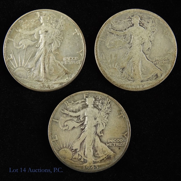1917 - 1943 USA 90%-Silver WL 50c (3): Three (3) United States silver walking liberty half dollars (Denver, San Francisco Mints). Designer is Adolph A. Weinman. Metal is 90% silver, weighs 12.50 grams, and diameter 30.6 mm. Dates, mintages