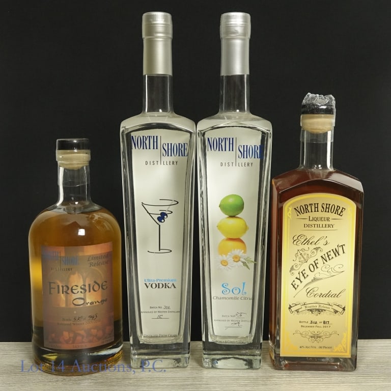 North Shore Distillery Liqueurs & Vodkas (4): Four (4) bottles of North Shore Distillery Liquor / Liqueurs. #1 - Sol Chamomile Citrus Flavored Vodka, Batch 55, 80 proof, 750ml. #2 - Ultra-Premium Vodka, Batch 306, 80 proof, 750ml. #3 - Fireside O