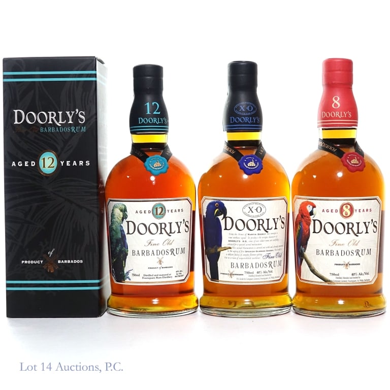 Doorly's XO, 8 Year, 12 Year Barbados Rum (3): Three (3) bottles total in this lot. 1- Doorly's XO Fine Old Barbados Rum. 750ml. 40% ABV. 1-8 Year Doorly's Fine Old Barbados Rum. 750 ml. 40% ABV. 1-12 Year Doorly's Fine Old Barbados Rum. 750 ml. 8