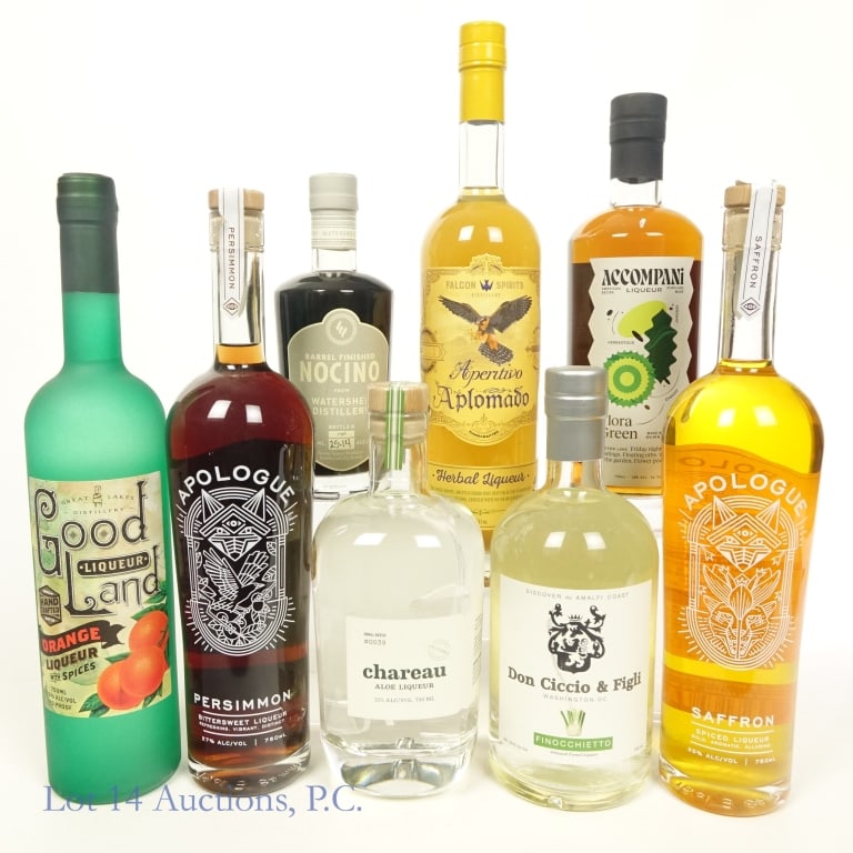 8 Bottles of Liqueur Apologue, Chareau, Accompani: Eight (8) bottles of liqueur. Apologue Persimmon and Saffron. Falcon Spirits Aperitivo Aplomado. Good Land Orange Liqueur. Accompani Flora Green Liqueur. Don Ciccio & Figli Finocchietto Fennel Liqueur
