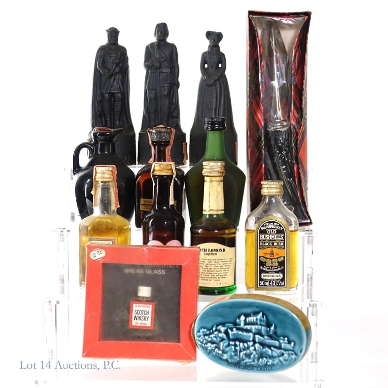 Scotch Whisky & More 13 Vintage Mini Bottles: Vintage variety of liquors, including Scotch Whiskey - 13 Mini bottles total. Please see photos for details, fill levels and distillers.