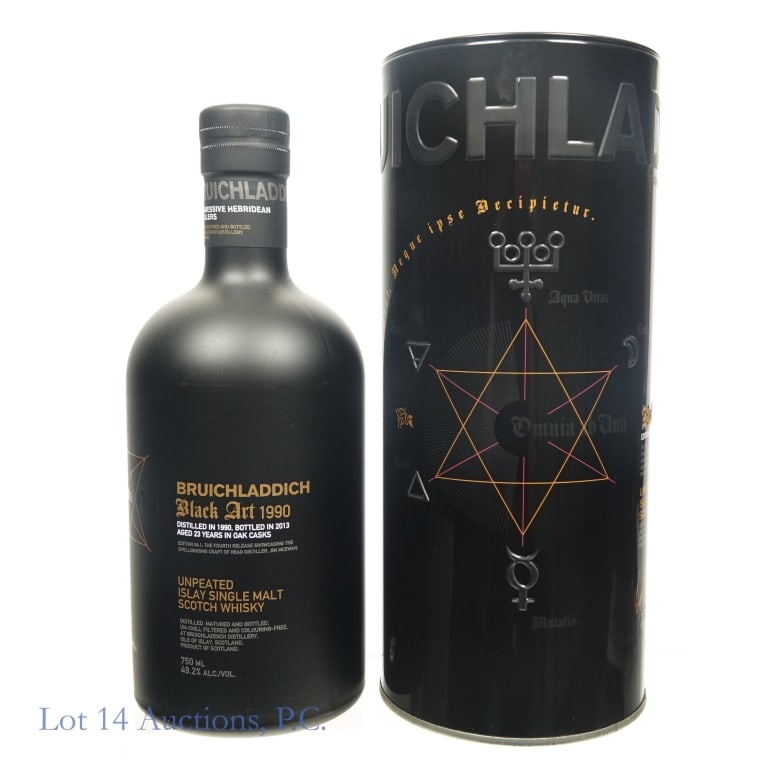 Bruichladdich Black Art 1990 Ed 04.1 23 Yr Scotch: Bruichladdich Black Art 1990 Edition 04.1 23 Year old Unpeated Islay Single Malt Scotch Whisky. Distilled in 1990. Bottled in 2013. Aged 23 years in oak casks. 49.2%abv, 750ml. In canister.