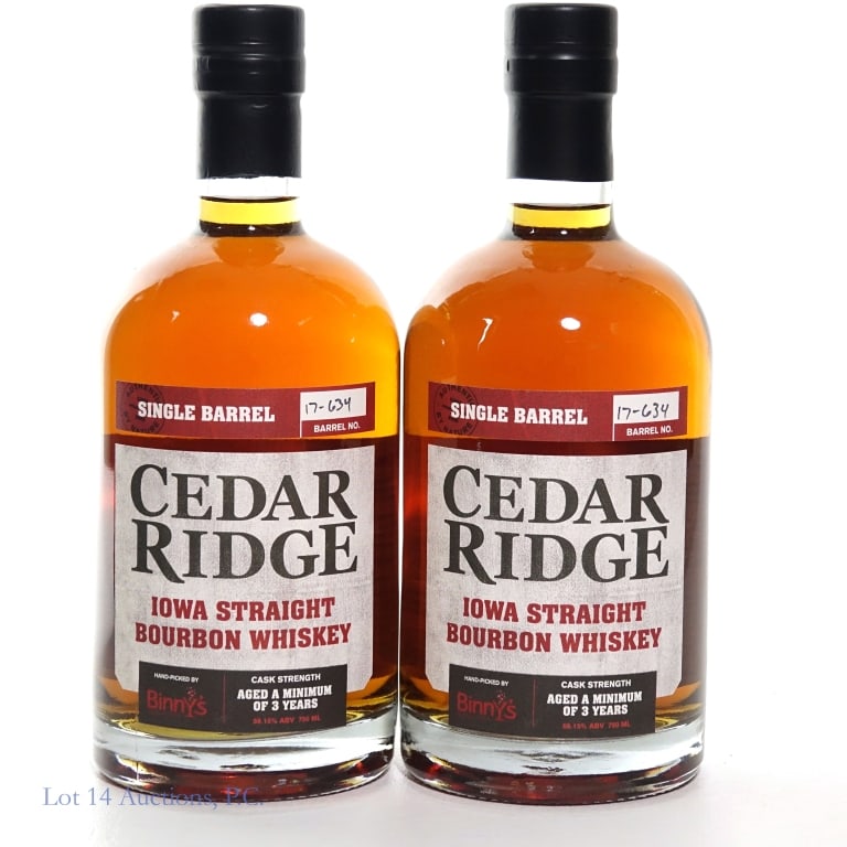 Cedar Ridge Iowa Straight Bourbon Whiskey (2): Two (2) bottles total in this lot. 2- Cedar Ridge Iowa Straight Bourbon Whiskey. Cask Strength. Single Barrel. Barrel Number 17-634. Hand-Picked by Binny's Beverage Depot. 750 ml. 59.15% ABV.