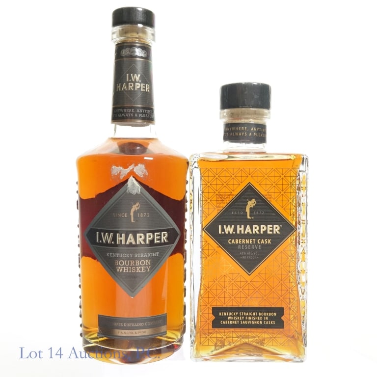 I. W. Harper KY Straight Bourbons (2): Two (2) bottles of I. W. Harper Kentucky Straight Bourbon. #1 - Bourbon, 82 proof, 750ml (label remnants on bottle and top of label). #2 - Bourbon finished in Cabernet Sauvignon casks, 90 proof, 750ml