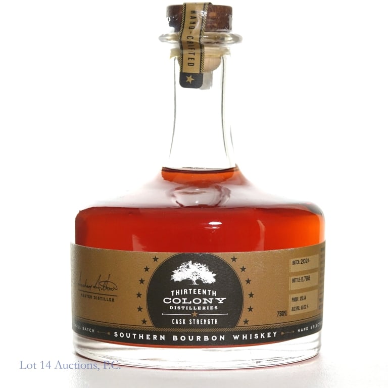 Thirteenth Colony Cask Strength SB Bourbon: Thirteenth Colony Cask Strength Small Batch Bourbon, 750 ml, 120.64 Proof, Batch 2024, Bottle #5,788.