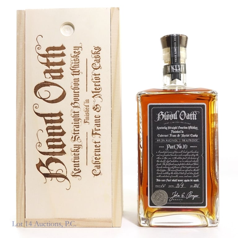 Blood Oath Pact No. 10 Bourbon (2024): Blood Oath Pact No. 10 Bourbon (2024), 98.6 Proof, 750 ml, Bottled: 03-09-24. Wooden box included.