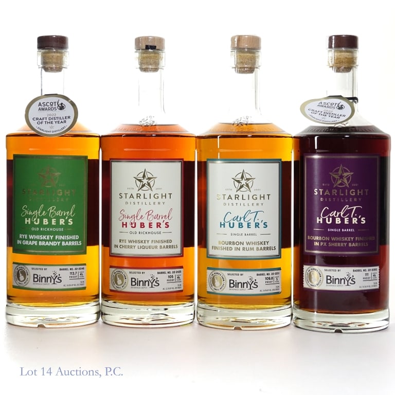 Huber's Single Barrel Rye (2), Carl T Bourbon (2): Four (4) bottles in this lot. 1- Huber's Single Barrel Small Batch Rye Whiskey Finished in Cherry Liqueur Barrels. Old Rickhouse. Aged 4 1/2 years. Barrel number 22-2425. 750 ml. 105 Proof. 1- Huber's