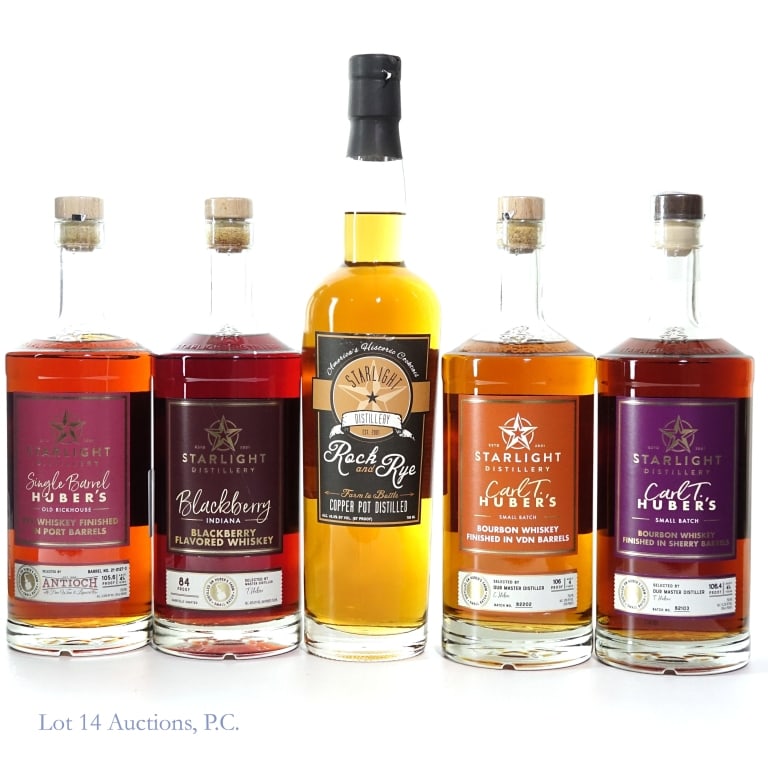 Starlight Whiskey (3), Bourbon (2): Five (5) bottles in this lot. 1- Rock and Rye Farm to Bottle Copper Pot Distilled Whiskey. 750 ml. 87 Proof. 1- Blackberry Flavored Small Batch Whiskey. 750 ml. 84 Proof. Scratch on front label. 1- Hu