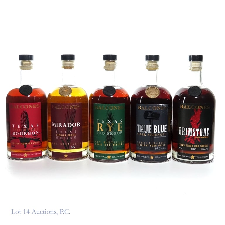 Balcones Whiskey (4), Bourbon (1): Five (5) bottles total in this lot. 1- Balcones Texas 100% Rye Pot Distilled Whisky. Batch number RYE100 20-1. Bottled 01.31.20. 750 ml. 50% ABV. Back label slighted nicked. 1- Balcones True Blue Cask