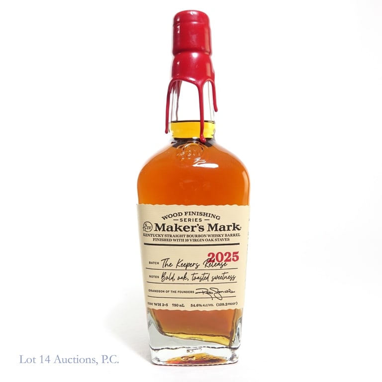 Maker's Mark "Keeper's Release" (2025) Bourbon: Maker's Mark Kentucky Straight Bourbon Whisky, Barrel finished with 10 virgin 0ak staves. "The Keeper's Release", release 2 of 5, Feb. 2025. 109.2 proof, 750ml.