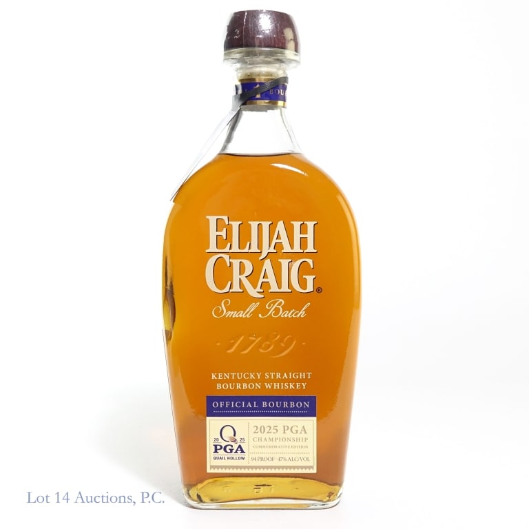 Elijah Craig PGA Championship Bourbon (2025): Elijah Craig 2025 PGA Championship Quail Hollow Small Batch Bourbon, 94 Proof, 750 ml, Commemorative Bottle. With neck tag.