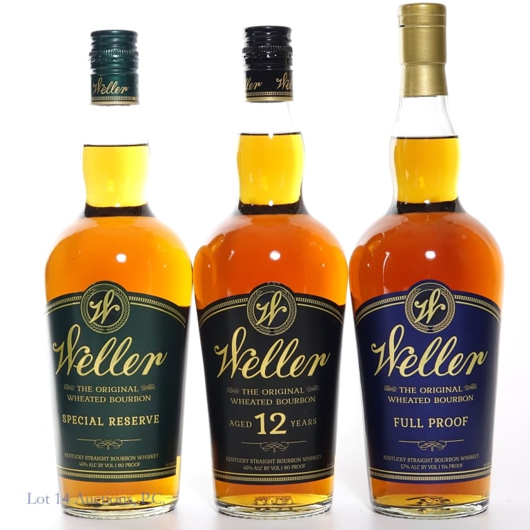 Weller Bourbon 3 Bottle Set - S.R., 12 Yr, F.P., 3: Three (3) bottle Weller Bourbon Vertical set. #1 - Weller Special Reserve, 90 proof, 750ml (2025). #2 - Weller 12 Year Old Bourbon, 90 proof, 750ml, Etch: L23135.... #3 - Weller Full Proof Kentucky St