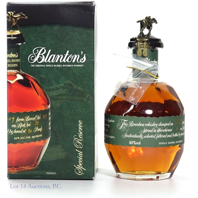 Blanton's Green Label Single Barrel Bourbon "N:"**: Blanton's Green Label Single Barrel Bourbon, 80 Proof, 70 cl, Letter N:, Dump Date: 08-07-23, Barrel #115, Bottle #169. Box included. NO bag. **Broken wax seal.** Please see photos.
