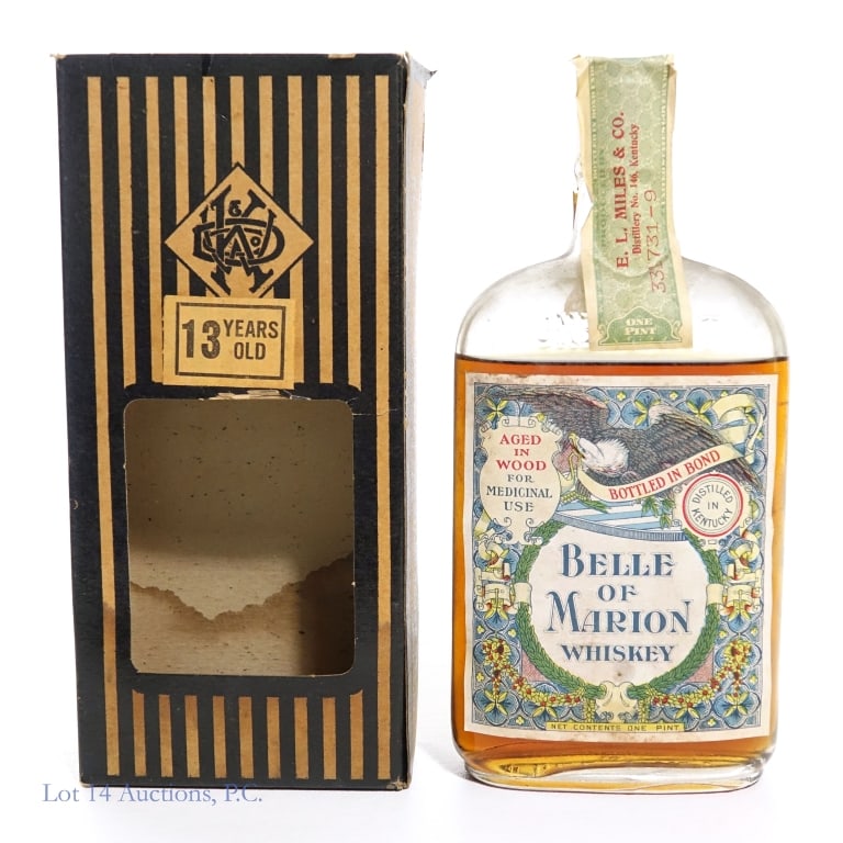 Pre-Prohibition Belle of Marion Whiskey Bottled in Bond, 1914 Pint: Pre-Prohibition Whiskey - 13 Year Old Belle of Marion Whiskey Bottled in Bond ,100 Proof, One Pint , Made Spring, 1914, Bottled Fall, 1927. Distilled in Kentucky, "Aged in Wood; For medicinal Use". E.