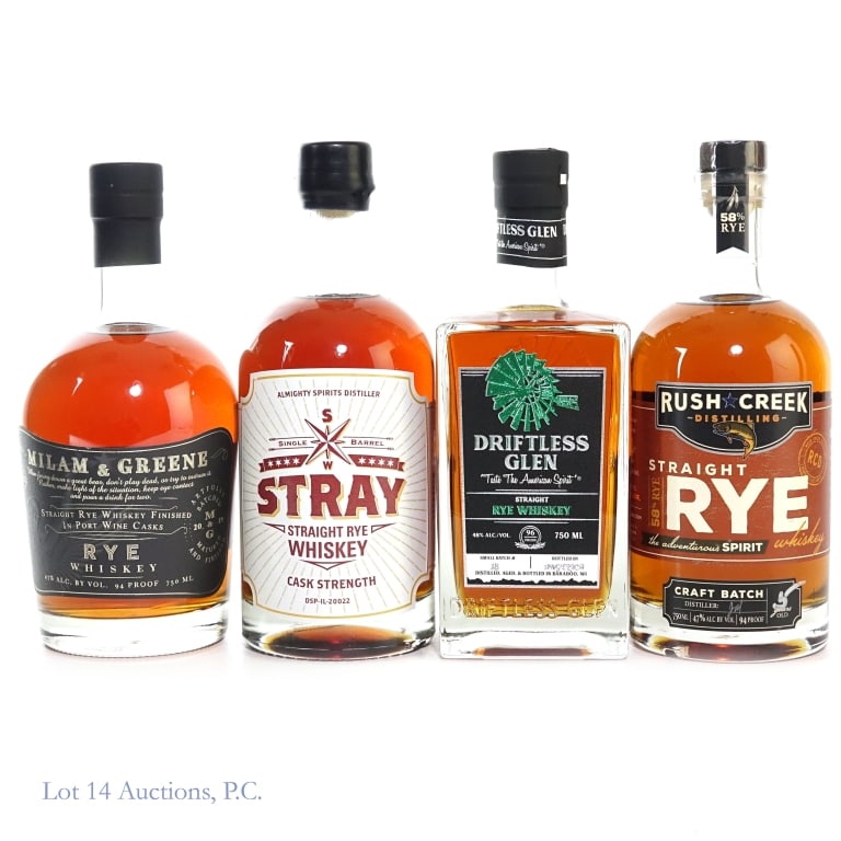 Milam & Greene, Driftless Glen, Rush Creek Rye (4): Four (4) bottles total in this lot. 1- Milam & Greene Straight Rye Whiskey Finished in Port Wine Casks. 750 ml. 94 Proof. 1- Driftless Glen Small Batch Straight Rye Whiskey. 750 ml. 96 Proof. 1- Rush 