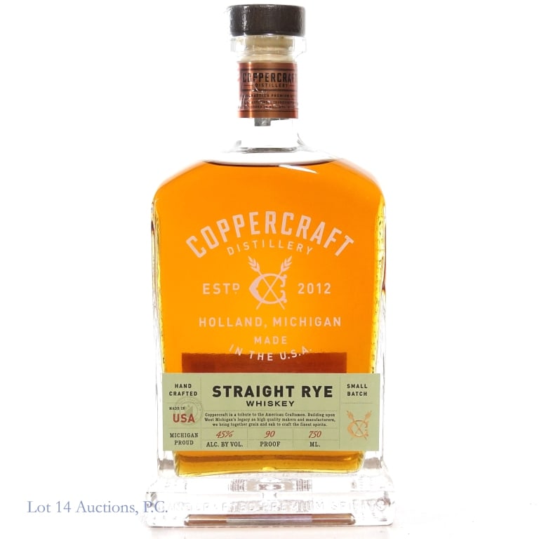 CopperCraft Small Batch Straight Rye Whiskey: CopperCraft Distillery Hand Crafted Small Batch Straight Rye Whiskey. 750 ml. 90 Proof.
