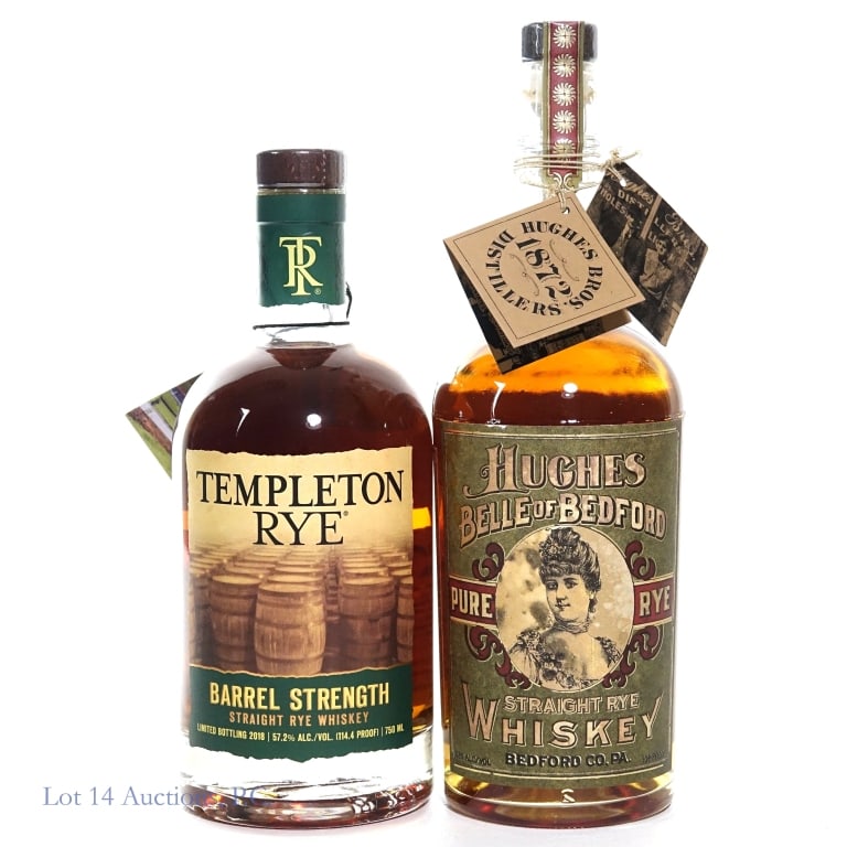 Hughes Belle of Bedford, Templeton Rye Whiskey (2): Two (2) bottles total in this lot. 1- 6 Year Hughes Belle of Bedford Single Barrel Straight Rye Whiskey. 750 ml. 104 Proof. High shoulder fill. Very minor label ware. 1- 2018 Limited Bottling Templeto