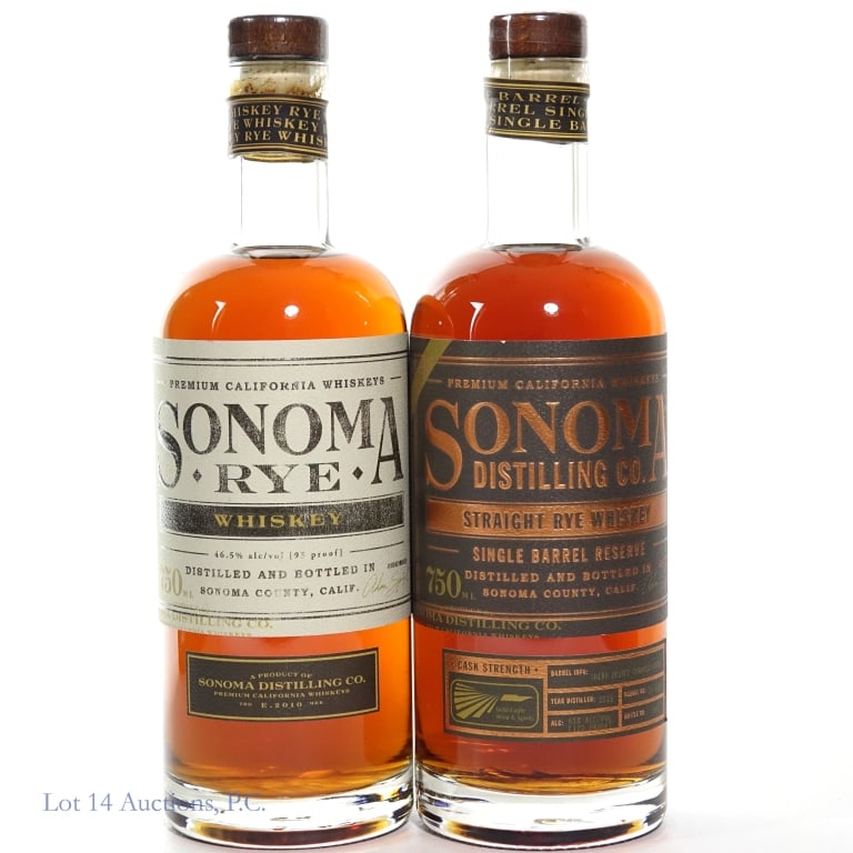 Sonoma Rye Single Barrel, Sonoma Rye Whiskey (2): Two (2) bottles total in this lot. 1- 2016 Sonoma Distilling Co. Straight Rye Single Barrel Reserve Whiskey. Cask strength. Bottle number 066. 750 ml. 122 Proof. 1- Sonoma Distilling Co. Rye Whiskey. 