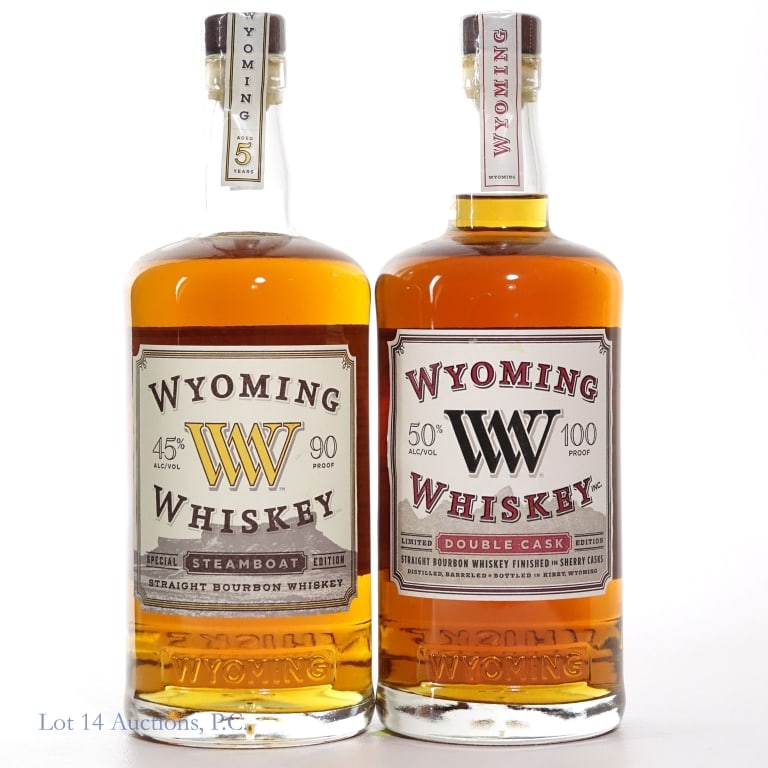 Wyoming Double Cask & Steamboat Whiskey (2): Two (2) bottles in this lot. 1- Wyoming Whiskey Limited Double Cask Edition. Straight Bourbon Whiskey finished in sherry casks. 750 ml. 100 Proof. 1- Wyoming Whiskey Special Steamboat Edition. Straigh