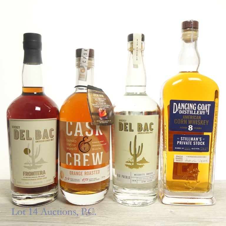 Dancing Goat 8, Del Bac, Cask & Crew Whiskey (4): Four (4) bottles of American Whiskey. Dancing Goat Distillery 8 year old Stillman's Private Stock American Corn Whiskey, Antioch Liquors Pick, Barrel 220(?), 59.6%abv, 750ml. Del Bac American Single M