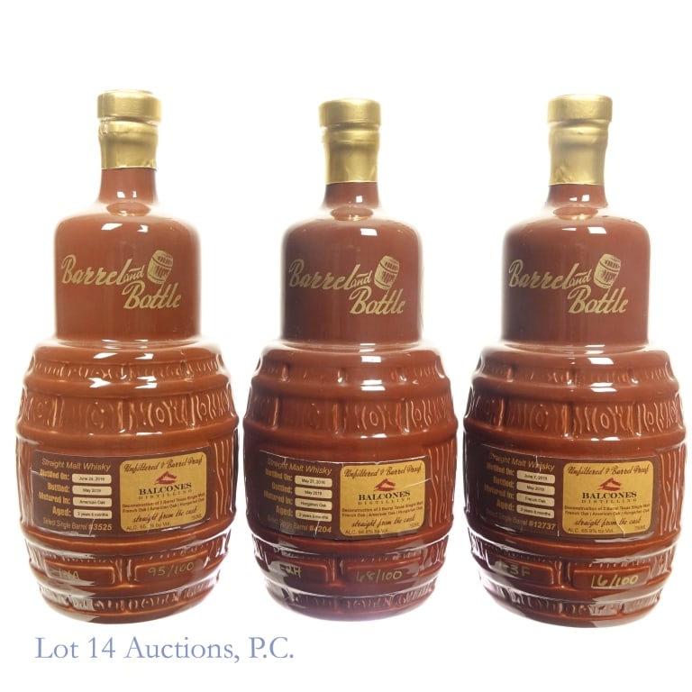 2019 Balcone's Barrel & Bottle Barrel Aged Trio: Set of three (3) Barrel and Bottle by Balcone's Straight From the Cask Straight Malt Whisky. #1 - June 7, 2016 / May 2019 2yrs, 8 mo. in French Oak barrel #12737, 1-3F, bottle 16/100, 65,9%abv, 750ml.