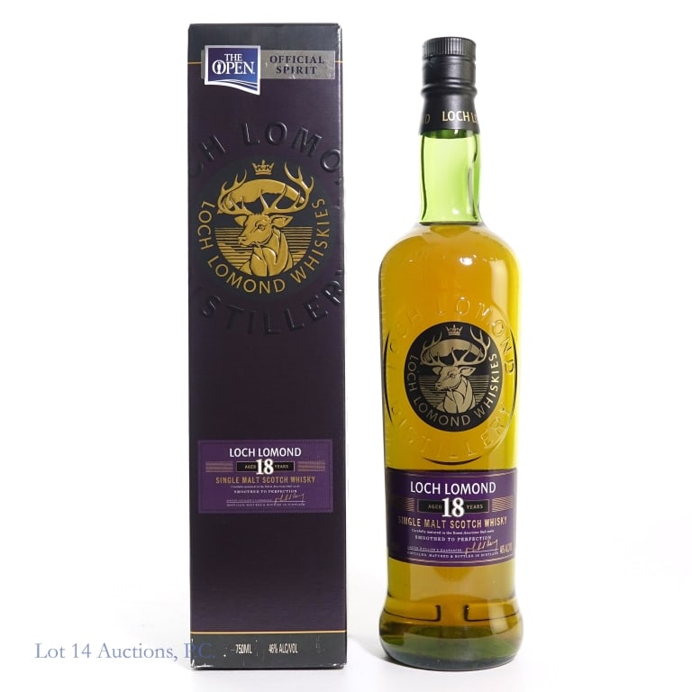 Loch Lomond 18 Yr S.M. Scotch: Loch Lomond 18 Year Single Malt Scotch Whisky, 46%abv, 750ml. With box. Aged 18 years in oak casks selected by Master Cooper Tommy Wallace.