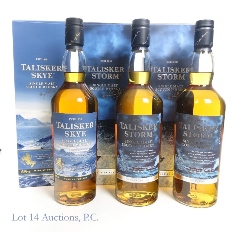 Talisker Skye & 2 Storms SM Scotch Isle of Skye, 3: Three (3) bottles of Talisker Single Malt Scoth Whisky, Isle of Skye. Two bottles are Talisker Storm, 45.8%abv. One bottle of Talisker Skye, 45.8%abv, 70cl (700ml). All 3 have boxes.