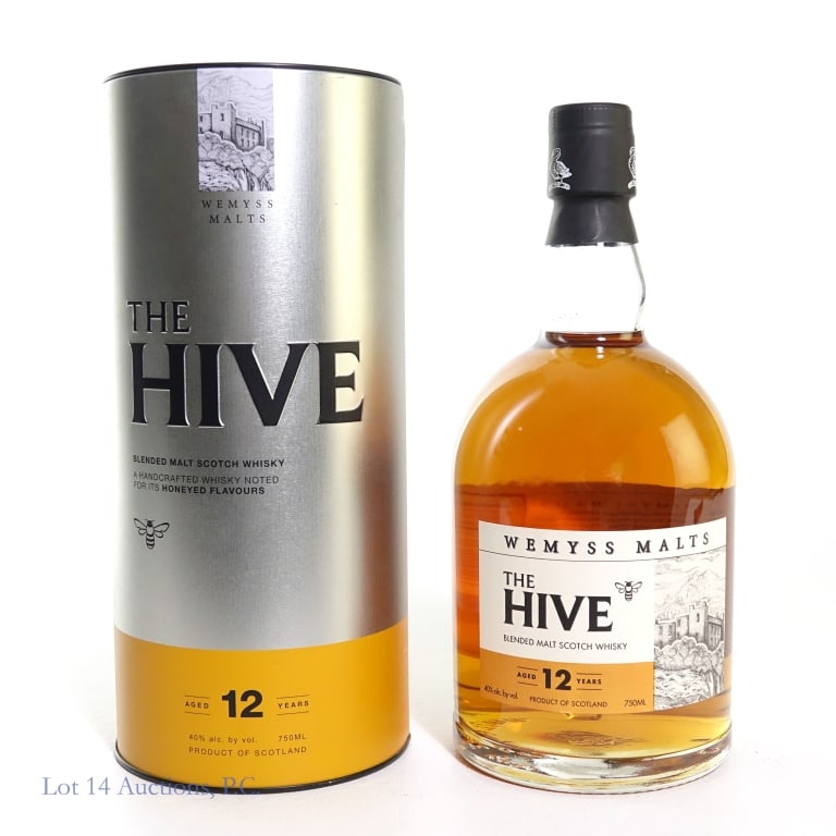 The Hive 12 Year, Wemyss Malts Scotch Whisky: 12 Year old Wemyss Malts The Hive Blended Malt Scotch Whisky. 40%abv, 750ml, In cylinder.