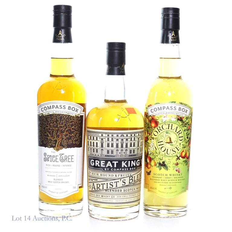 Compass Box Great King St., Spice Tree, Orchard, 3: Three (3) bottles of Compass Box Blended Scotch Whisky. Great King Street Artist's Blend Scotch Whisky, 43%abv, 750ml. Spice Tree Blended Scotch Whisky, 46%abv, 750ml. Compass Box Orchard House Blende
