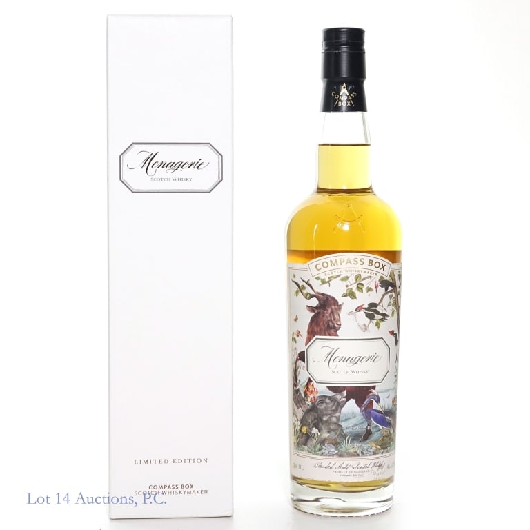 Compass Box Menagerie Ltd Edition Scotch: Compass Box "Menagerie" Blended Scotch Whisky. Limited Edition of 7,741 bottles. Sourced from Mortlach, Deanston, Highland Malt, Glen Elgin and Laphroaig Distilleries, bottled January 2021. 46%abv, 75