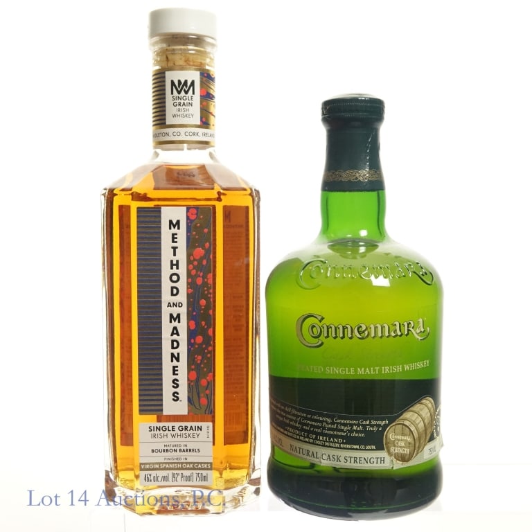 Connemara & Method and Madness Irish Whiskey (2): Two (2) bottles of Irish Whiskey. Connemara Peated Single Malt Irish Whiskey, Cask Strength, 57.9%abv, 750ml. Cooley Distillery, Riverstown, County Louth. Small tears to bottom of label. Method and Ma