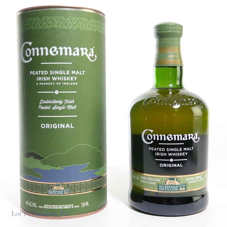 Connemara Single Malt Irish Whiskey: Connemara Peated Single Malt Irish Whiskey, Original. 40%abv, 750ml, with canister.
