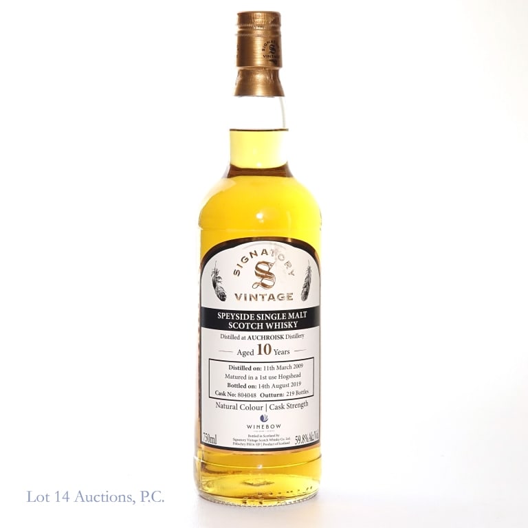 2019 10 Yr Old Signatory Auchroisk Scotch, Winebow: 10 year old Auchroisk Speyside Single Malt Scoth Whisky, Winebow Pick. Distilled 11 March, 2009, bottled 14 August 2019. Matured in a 1st use Hogshead Cask No. 804048, Outturn: 219 bottles. Cask Stren