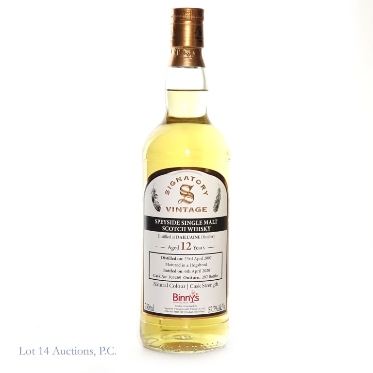 2020 12 Year Signatory Dailuaine Scotch, Binny's: 12 Year old Signatory Vintage Dailuaine Speyside Single Malt Scoth Whisky. Distilled 23 April 2007, Bottled 6 April 2020, Matured in a Hogshead cask No. 303269, Outturn: 282 bottles. 57.7%abv, 750ml.