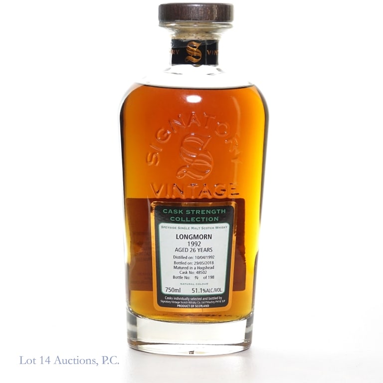 1992 26 Year Signatory Longmorn Speyside Scotch: 26 Year old Signatory Cask Strength Speyside Single Malt Scotch Whisky. Distilled 10/04/1992, bottled 29/05/2018, Matured in a Hogshead cask no. 48502, bottle number 14 of 198. 51.1%abv, 750ml. (No bo