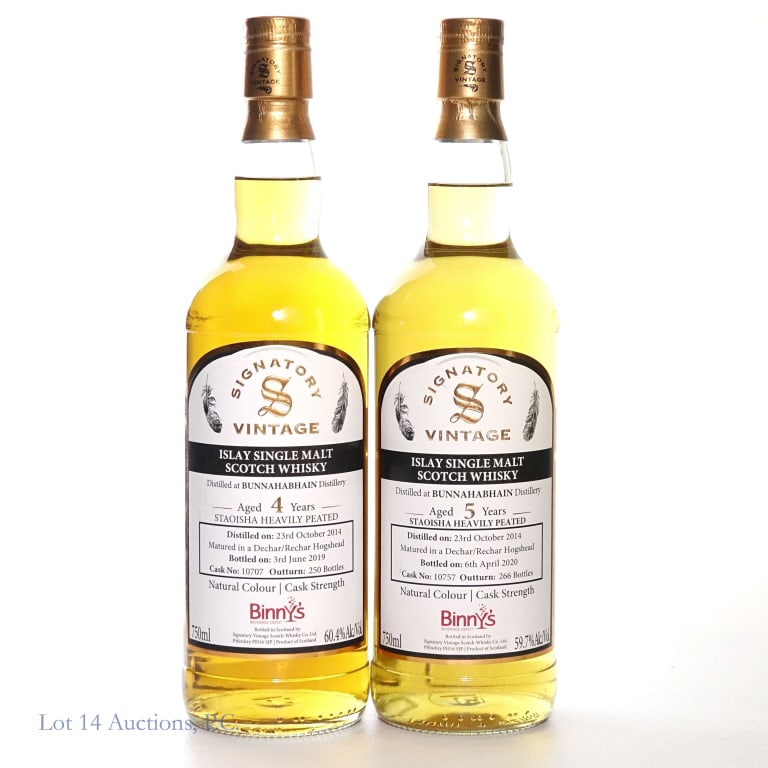 Signatory Bunnahabhain 4 & 5 Yr S.M. Scotch (2): Two (2) bottles of Binny's Beverage Depot selected Bunnahabhain Distillery Islay Single Malt Scotch Whisky, Cask Strength. Staiosha Heavily Peated. #1 - 4 Year old, Distilled 23 October 2014, matured 