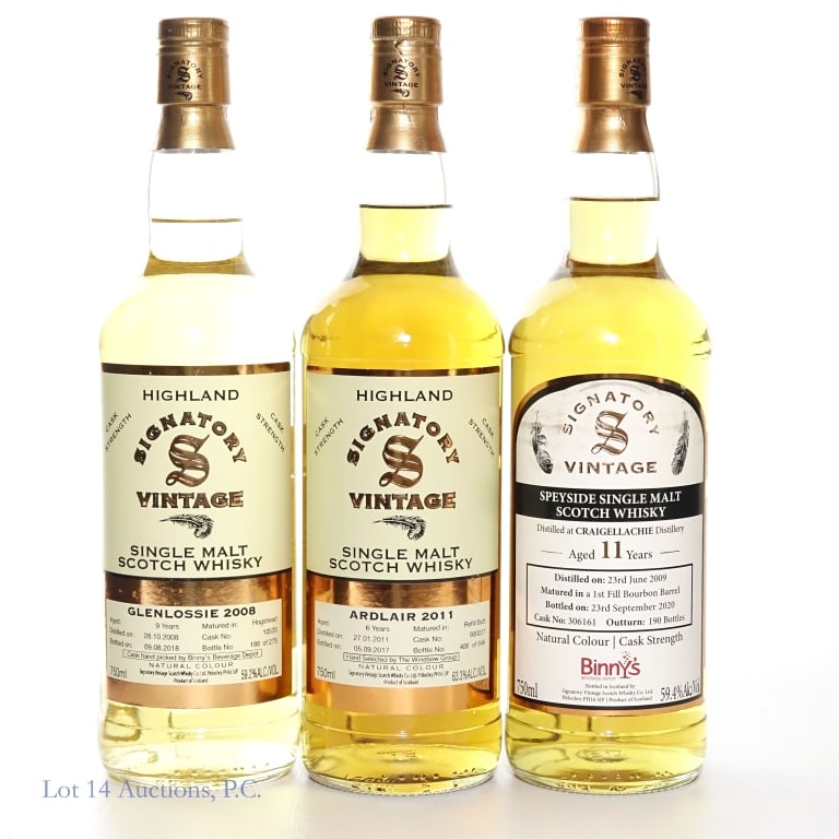 Signatory 6-9-11 Year Highland, Speyside Scotch, 3: Three (3) bottles of Signatory Single malt Scotch Whisky. #1 - Winebow Group Selection - 6 Year Ardlair Highland Cask Strength Single Malt Scotch Whisky. Distilled 27.01.2011, bottled 05.09.2017, Matu