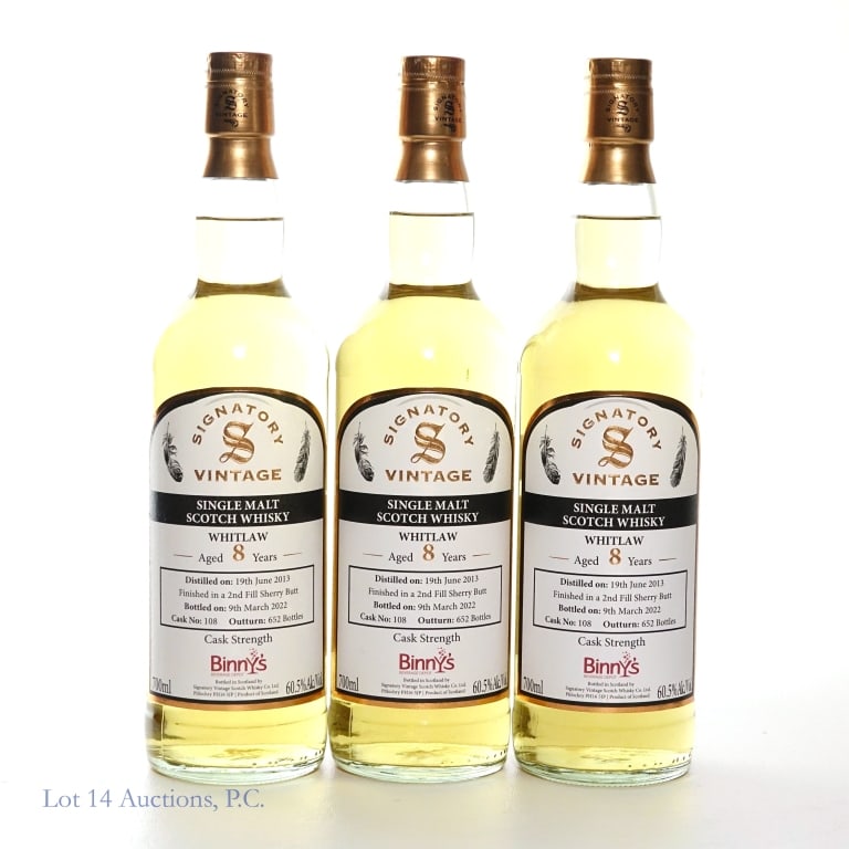Signatory 8 Year Whitlaw SM Scotch Binny's Pick, 3: Three (3) bottles of 8 year old Whitlaw Single Malt Scotch by Signatory Cask Strength. Distilled 19 June 2013, finished in a 2nd fill Sherry Butt, Bottled 9 March 2022, Cask no. 108, Outturn: 652 bott