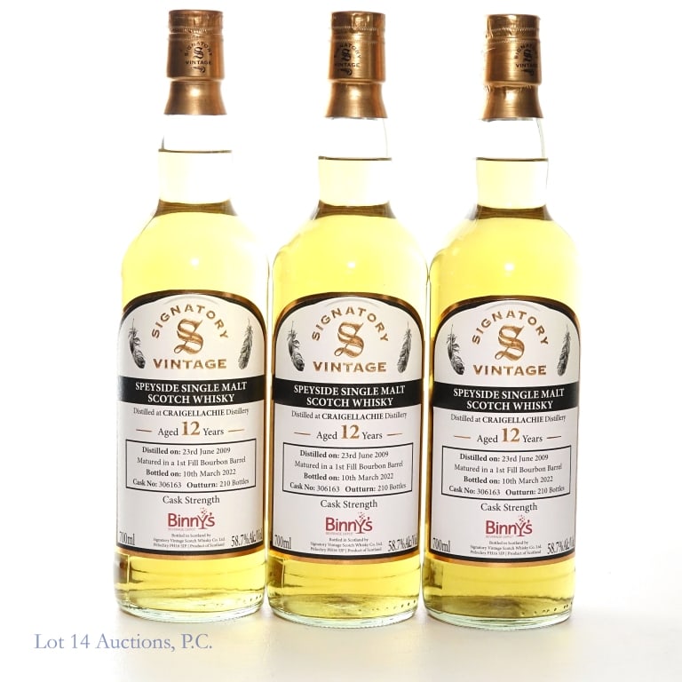 2022 Signatory 12 Yr Craigellachie S.M. Scotch (3): Binny's Pick - Three (3) bottles of 12 year old Signatory Vintage Craigellachie Distillery Speyside Single Malt Scotch Whisky, Cask Strength. Distilled 23 June, 2009, matured in a 1st fill Bourbon Bar