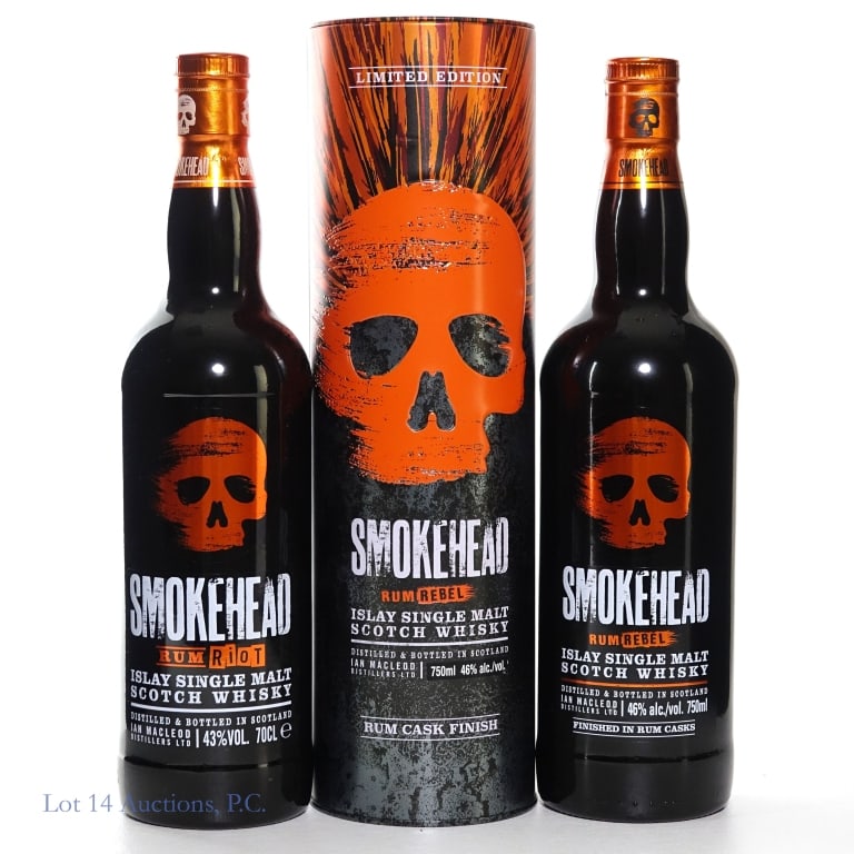 Smokehead Rum Riot & Rum Rebel Islay Scotch (2): Two (2) bottles of Smokehead Islay Single Malt Scotch Whisky. #1 - Smokehead Rum Riot Islay Single Malt Scotch Whisky, 43%abv, 70cl (700ml). #2 - Smokehead Rum Rebel Islay Single Malt Scotch Whisky, 4
